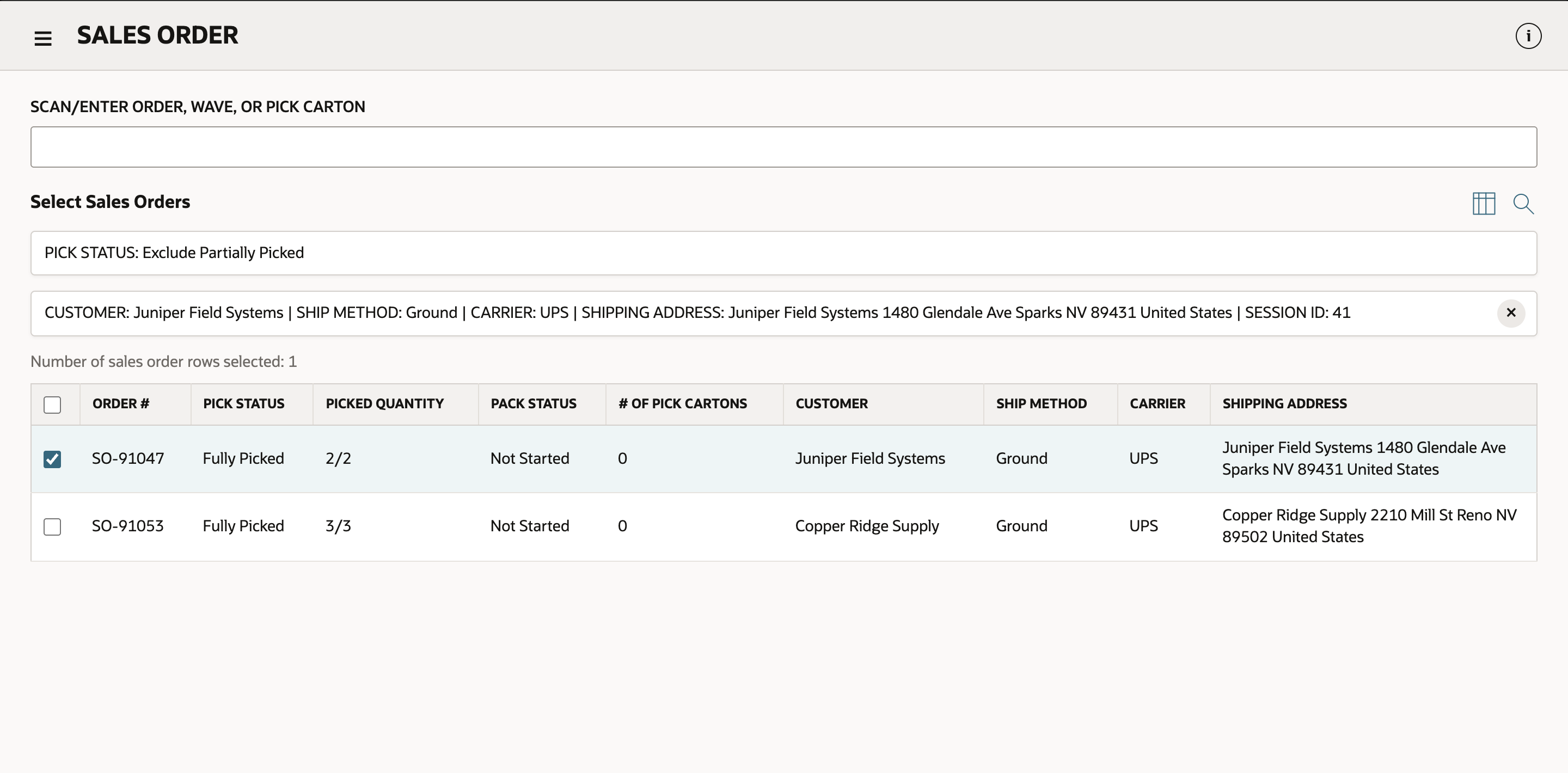 The SALES ORDER queue with SO-91047 ticked, showing Fully Picked, a picked quantity of 2/2, a pack status of Not Started, and the customer and ship method strip above the table.
