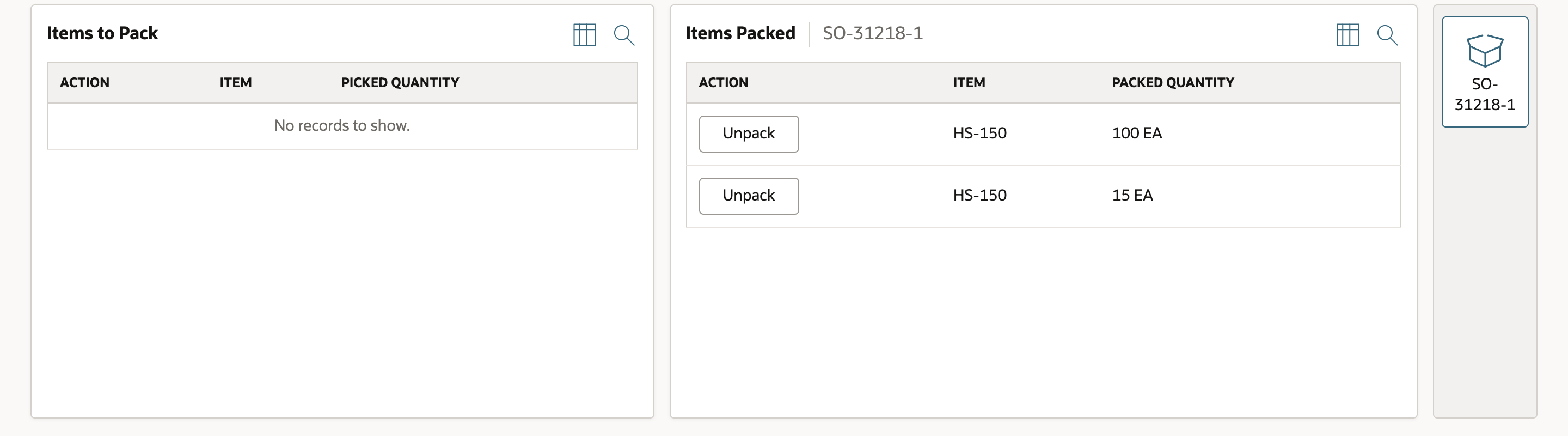 Items Packed lists HS-150 100 EA and 15 EA in carton SO-31218-1 and Items to Pack is empty.