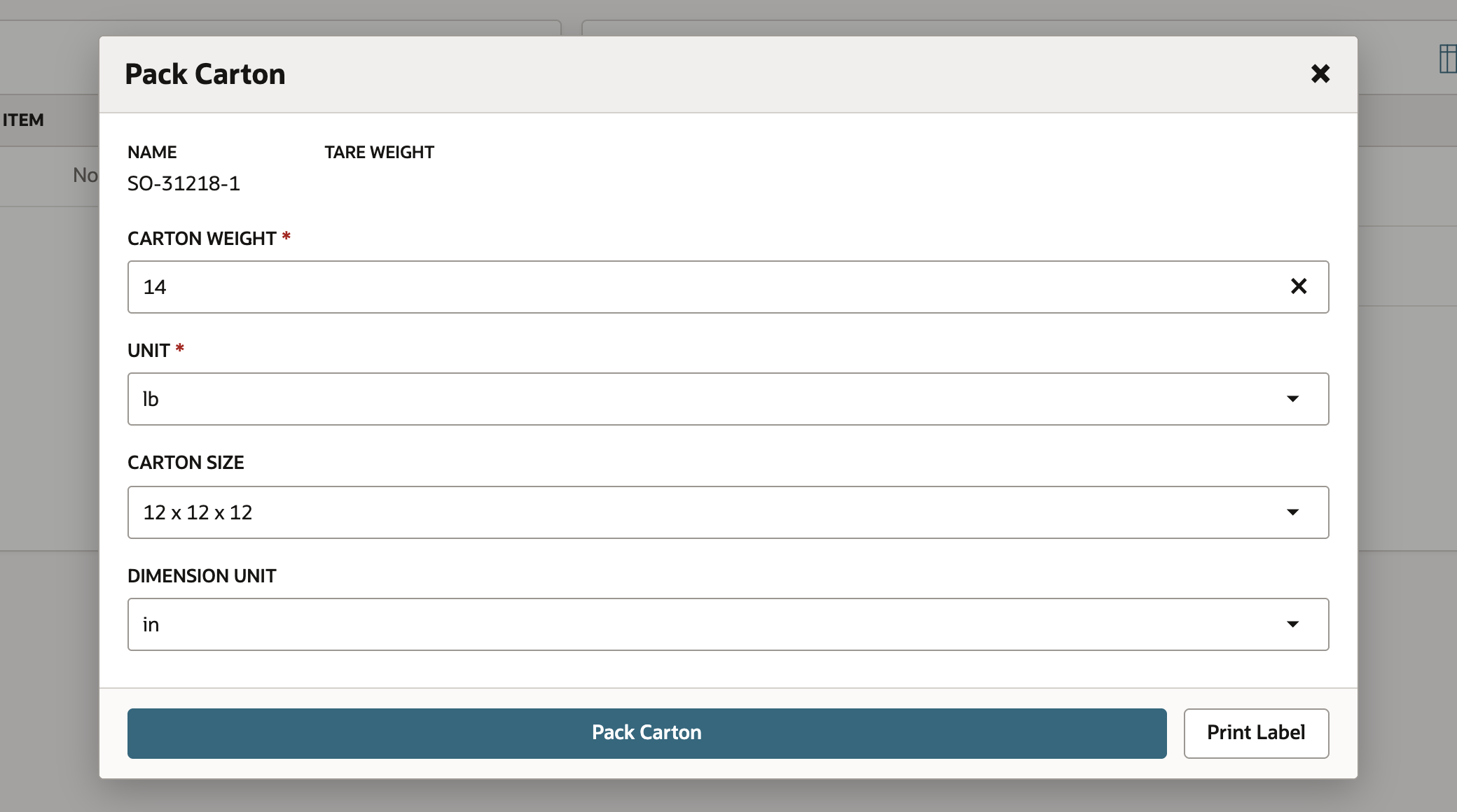 The Pack Carton dialog with carton weight 14, unit lb, carton size 12 x 12 x 12 and dimension unit in.
