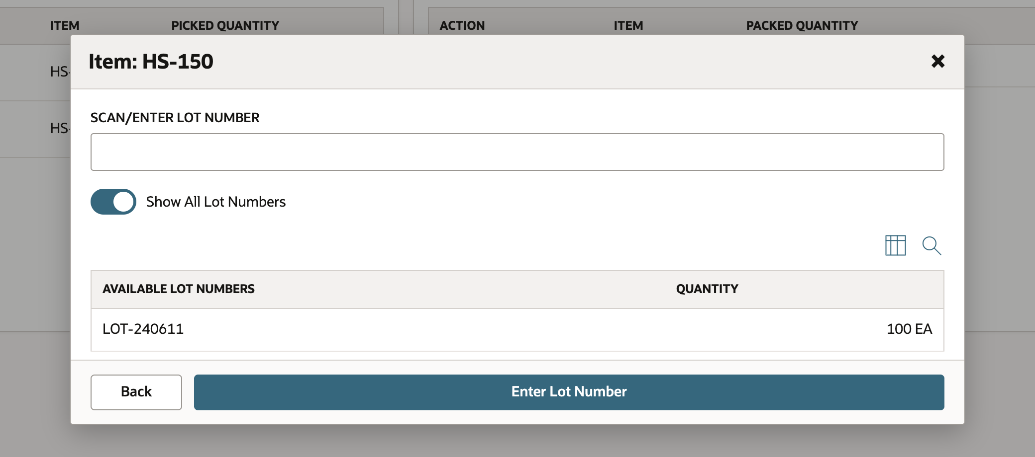 The HS-150 dialog shows the lot field, Show All Lot Numbers switched on, and lot LOT-240611 with 100 EA available.