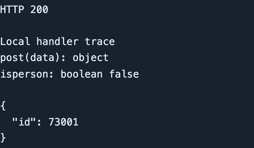 Local example HTTP 200, post(data): object, isperson: boolean false, and returned customer internal ID 73001.