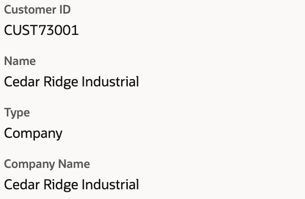 Local example customer with display ID CUST73001, Name Cedar Ridge Industrial, Type Company and Company Name Cedar Ridge Industrial.