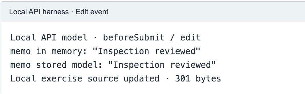 Local beforeSubmit model reports Inspection reviewed in memory and in its independent stored model.