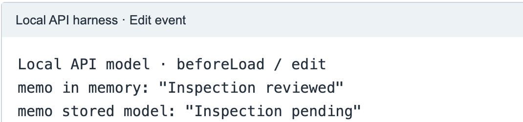 Local API model shows beforeLoad memory Inspection reviewed but stored model Inspection pending.