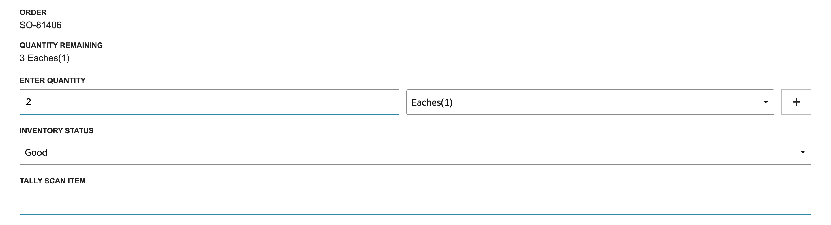 Enter Quantity shows 2 after the second scan, with Quantity Remaining still 3 Eaches(1) and an empty Tally Scan Item field.