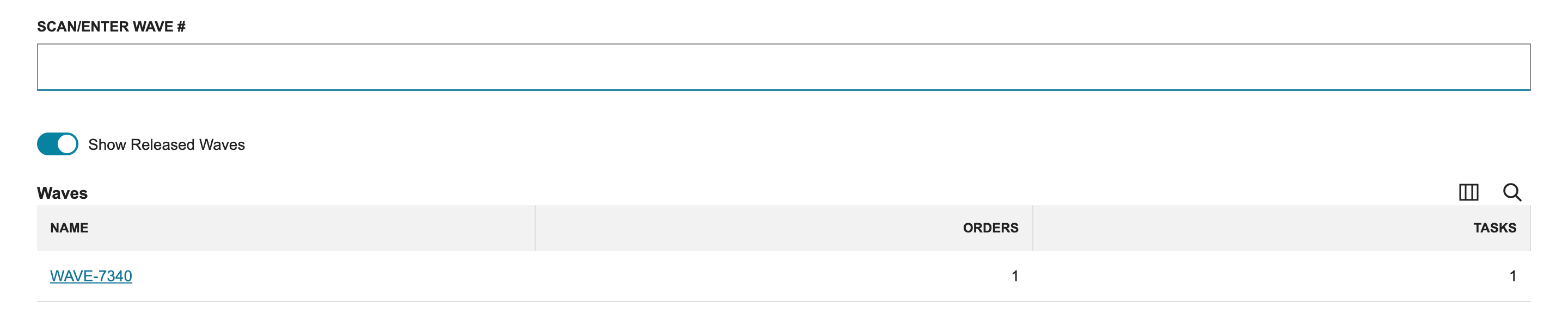 Select Wave lists WAVE-7340 with 1 order and 1 task.