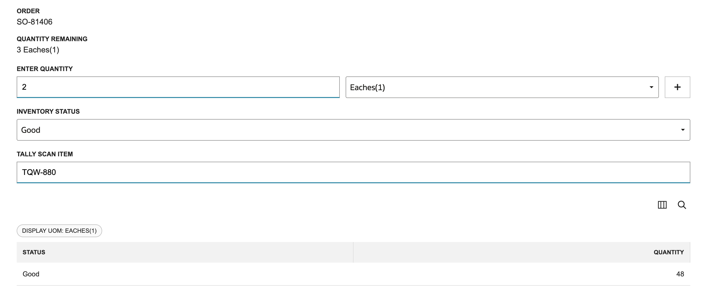 Enter Quantity shows 2 with the item code TQW-880 typed in Tally Scan Item for the last scan.