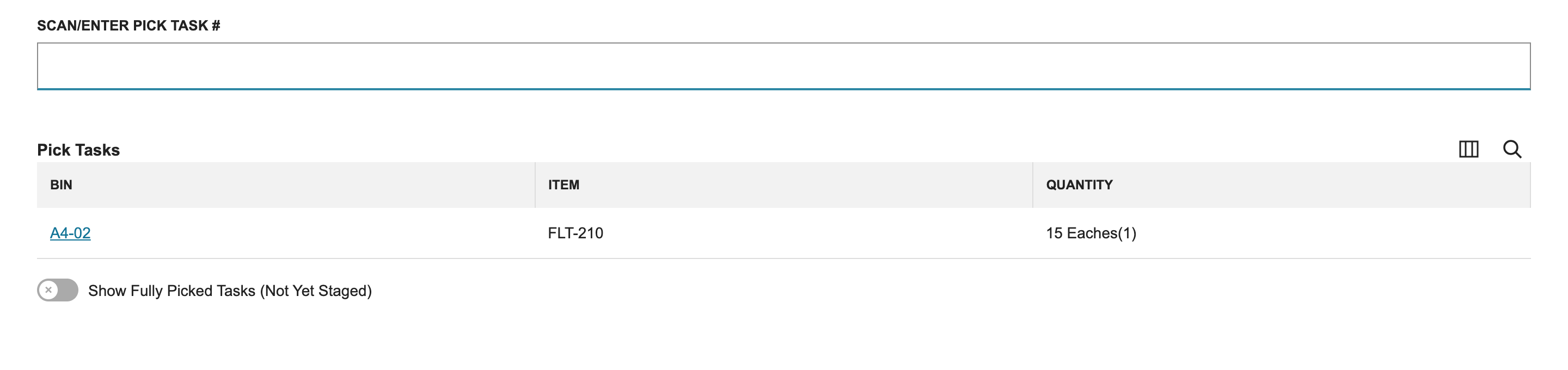 Select Pick Task lists bin A4-02, item FLT-210 and quantity 15 Eaches(1).