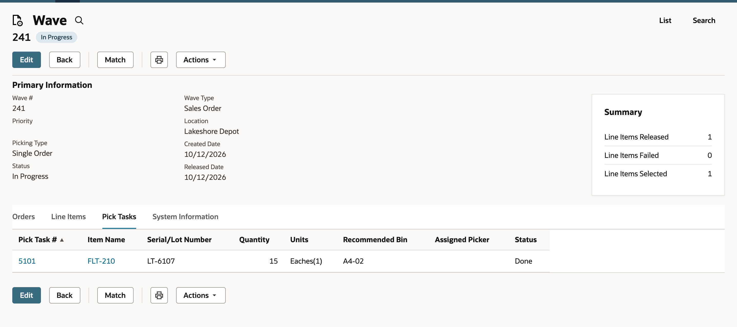 Wave 241 reads In Progress and its Pick Tasks tab shows FLT-210 with lot LT-6107 and the status Done.