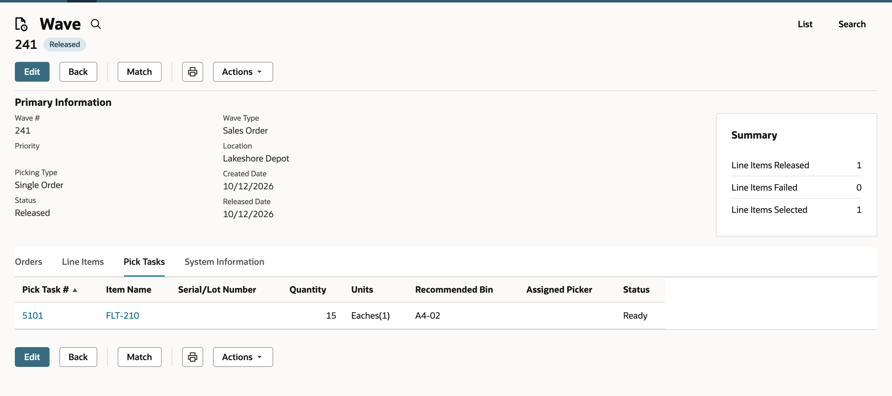 Wave 241 is Released with the picking type Single Order. The Pick Tasks tab lists FLT-210, 15 Eaches(1), bin A4-02, status Ready.