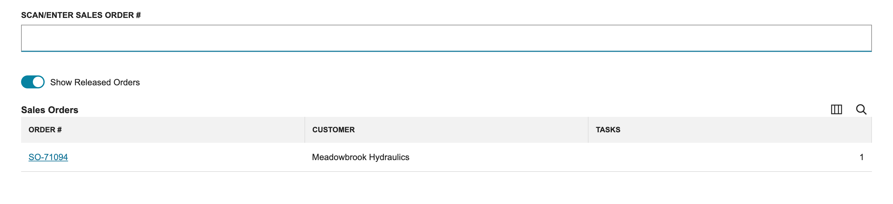 Select Order lists SO-71094 for Meadowbrook Hydraulics with 1 task.