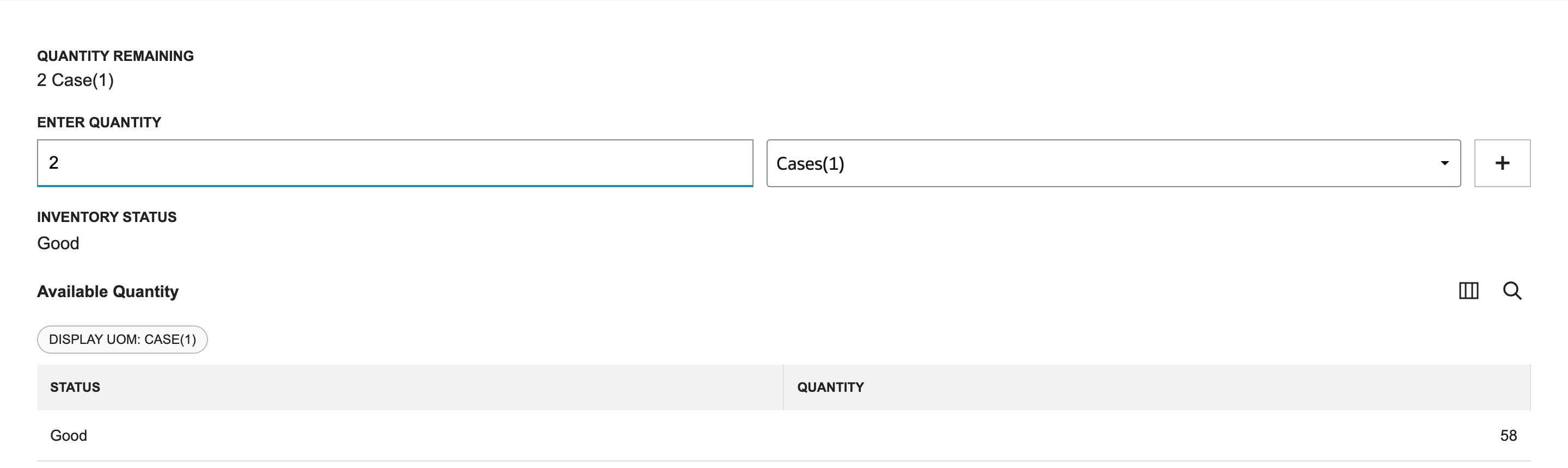 Enter Quantity for TAP-230 shows 2 Case(1) remaining, the unit Cases(1), Inventory Status Good as text and 58 Good available.
