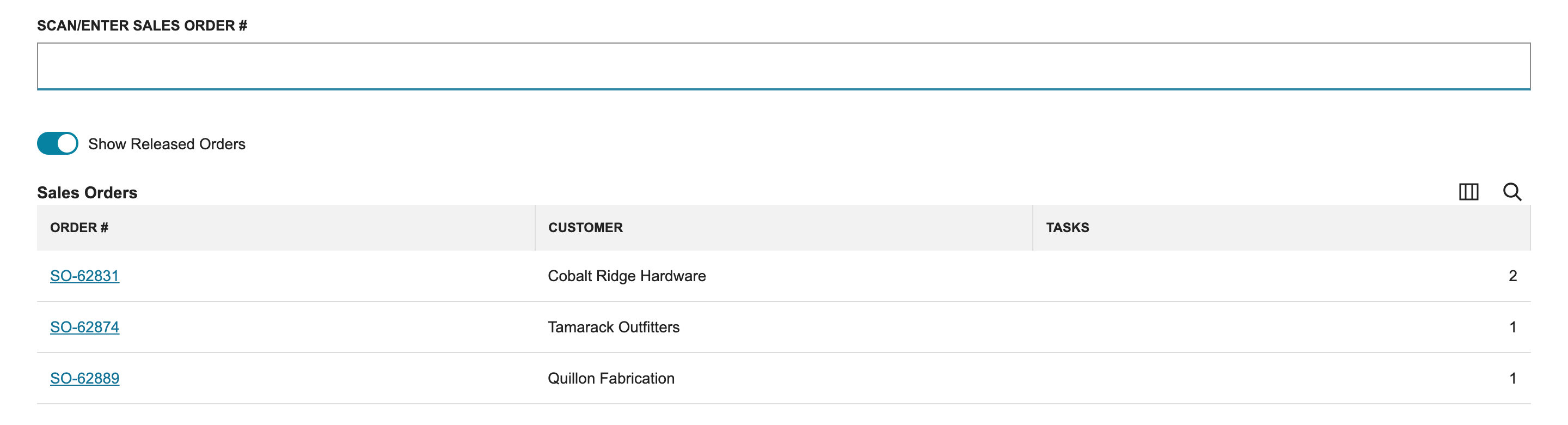 Select Order lists SO-62831 with 2 tasks, SO-62874 with 1 task and SO-62889 with 1 task.