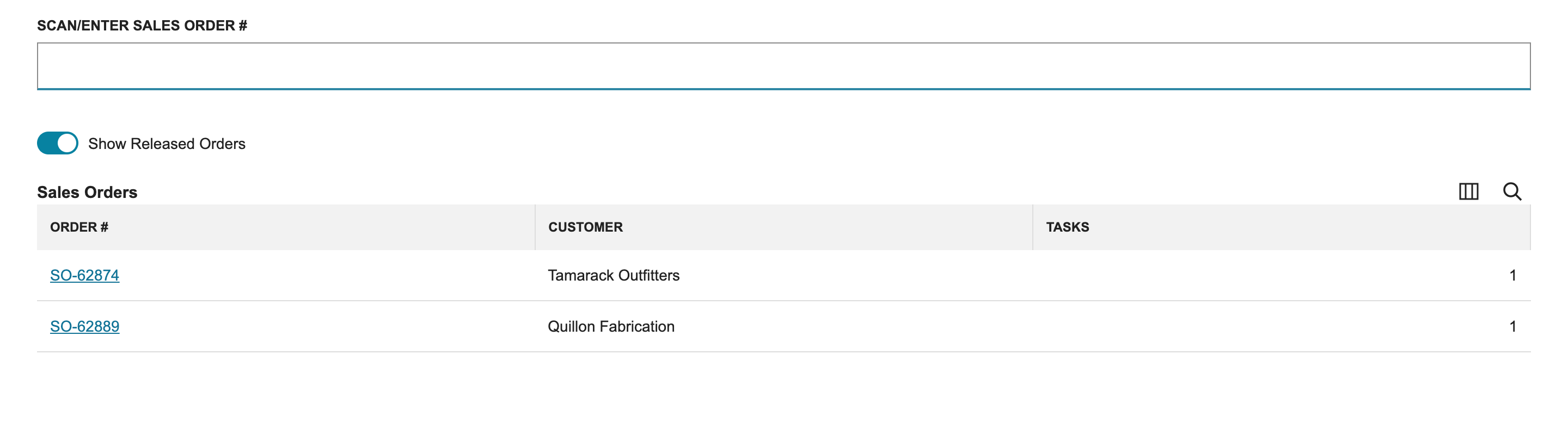 Select Order lists SO-62874 and SO-62889 only; SO-62831 is no longer listed.