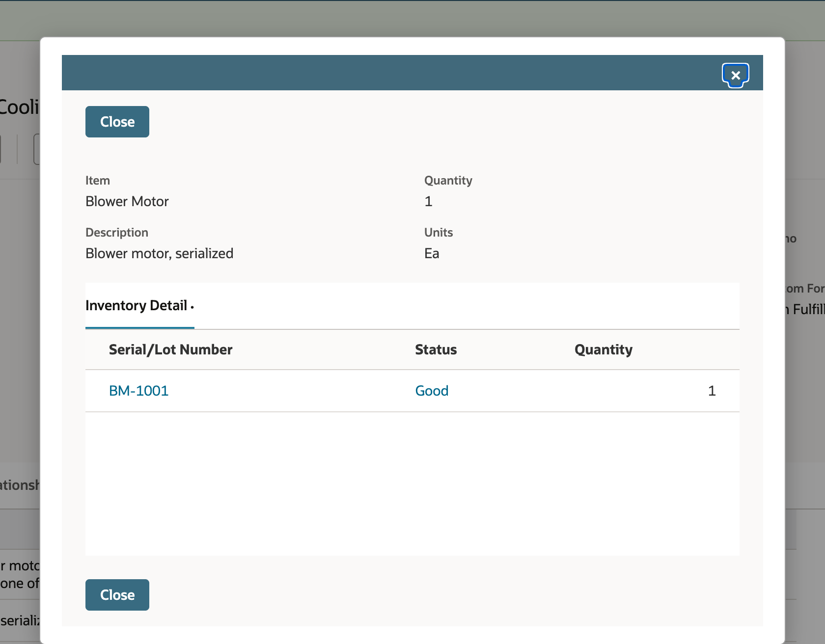 The saved Inventory Detail popup for Blower Motor with one row: Serial/Lot Number BM-1001, Status Good, Quantity 1.