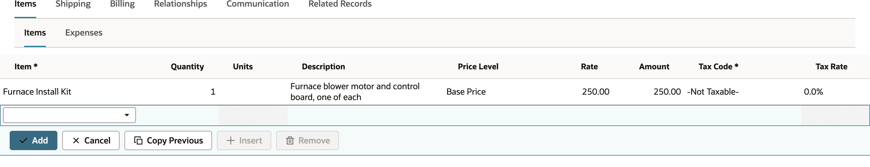 The Items subtab of a sales order with one line, Furnace Install Kit, quantity 1, Base Price, rate 250.00 and amount 250.00.