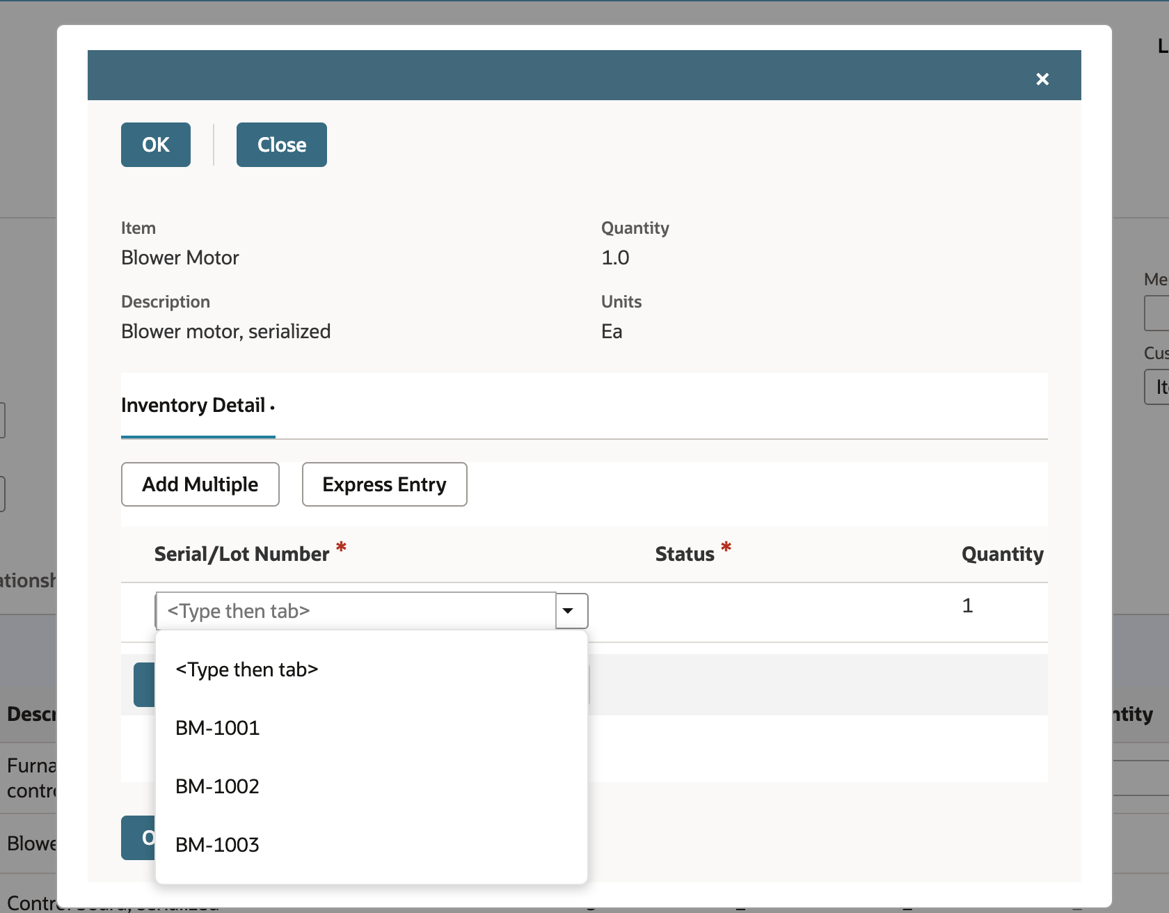 The Inventory Detail popup for Blower Motor with Quantity 1.0 and the Serial/Lot Number list open, offering BM-1001, BM-1002 and BM-1003.