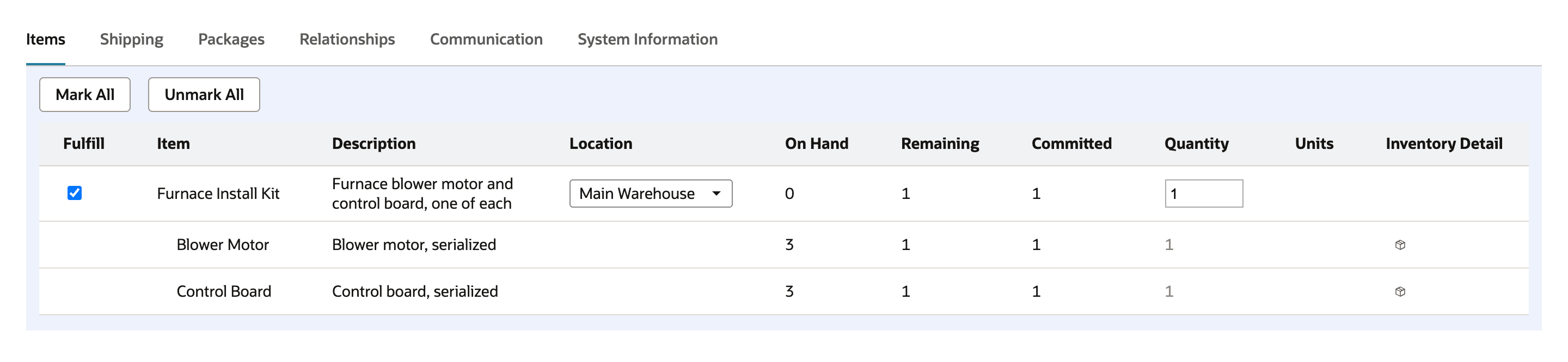 The Item Fulfillment grid with Furnace Install Kit at On Hand 0, then Blower Motor and Control Board indented beneath it, each with On Hand 3, Remaining 1, Committed 1, quantity 1 and an Inventory Detail icon.