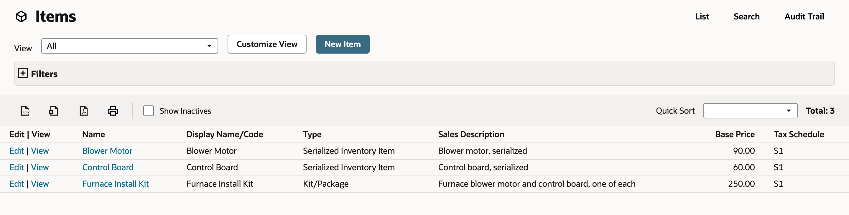 The Items list with Blower Motor and Control Board as Serialized Inventory Items and Furnace Install Kit as a Kit/Package.