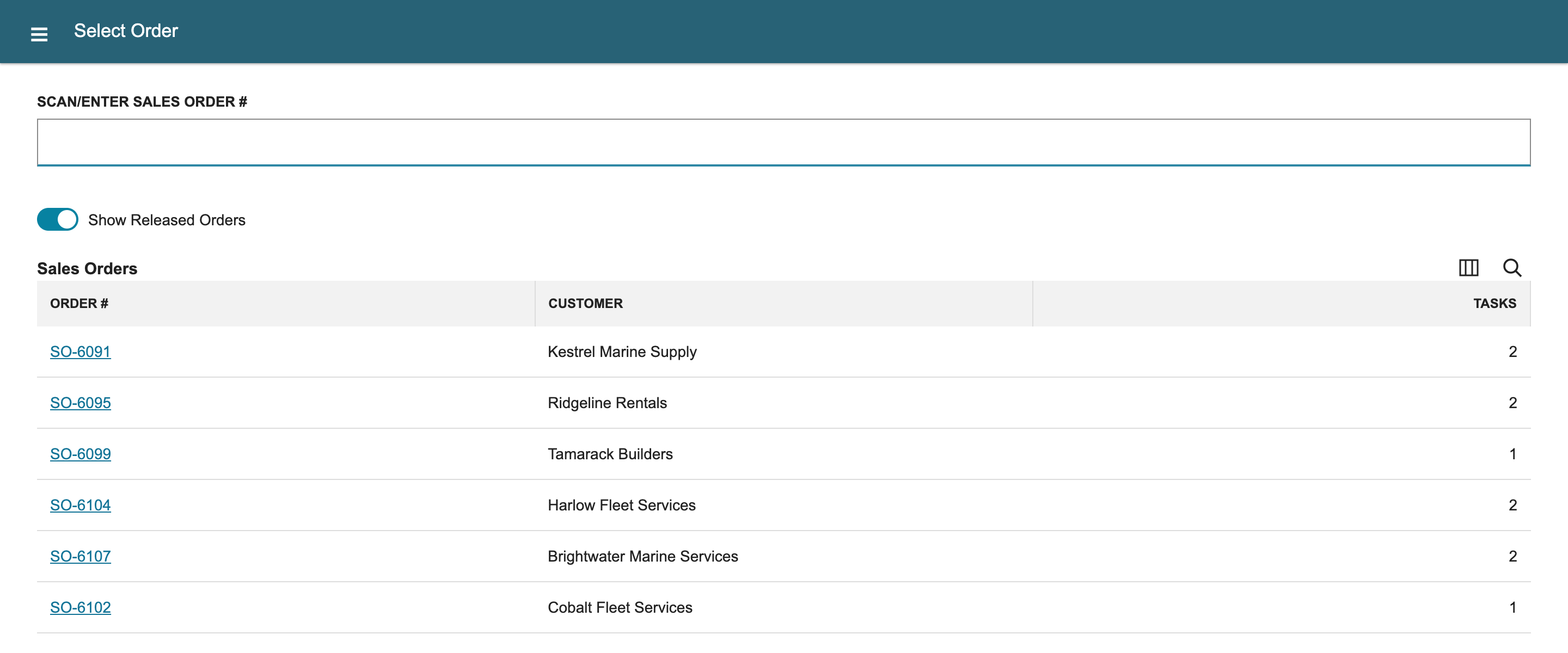 Select Order lists six released sales orders with their customers and task counts; SO-6104 for Harlow Fleet Services has two tasks.