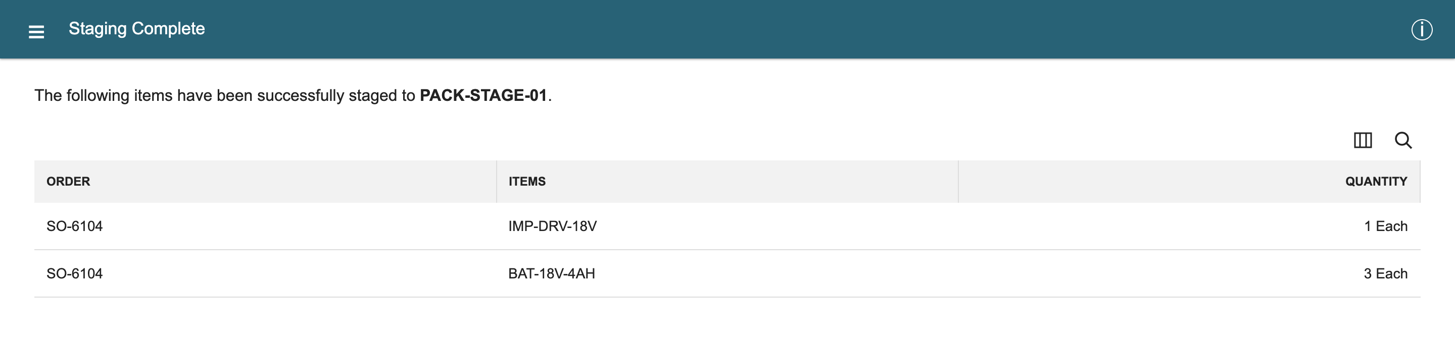 Staging Complete lists IMP-DRV-18V, 1 Each, and BAT-18V-4AH, 3 Each, for SO-6104, staged to PACK-STAGE-01.