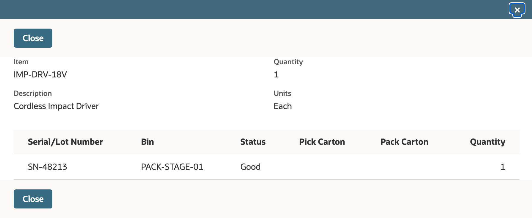 Inventory Detail for IMP-DRV-18V lists serial number SN-48213 in bin PACK-STAGE-01 with status Good and quantity 1.