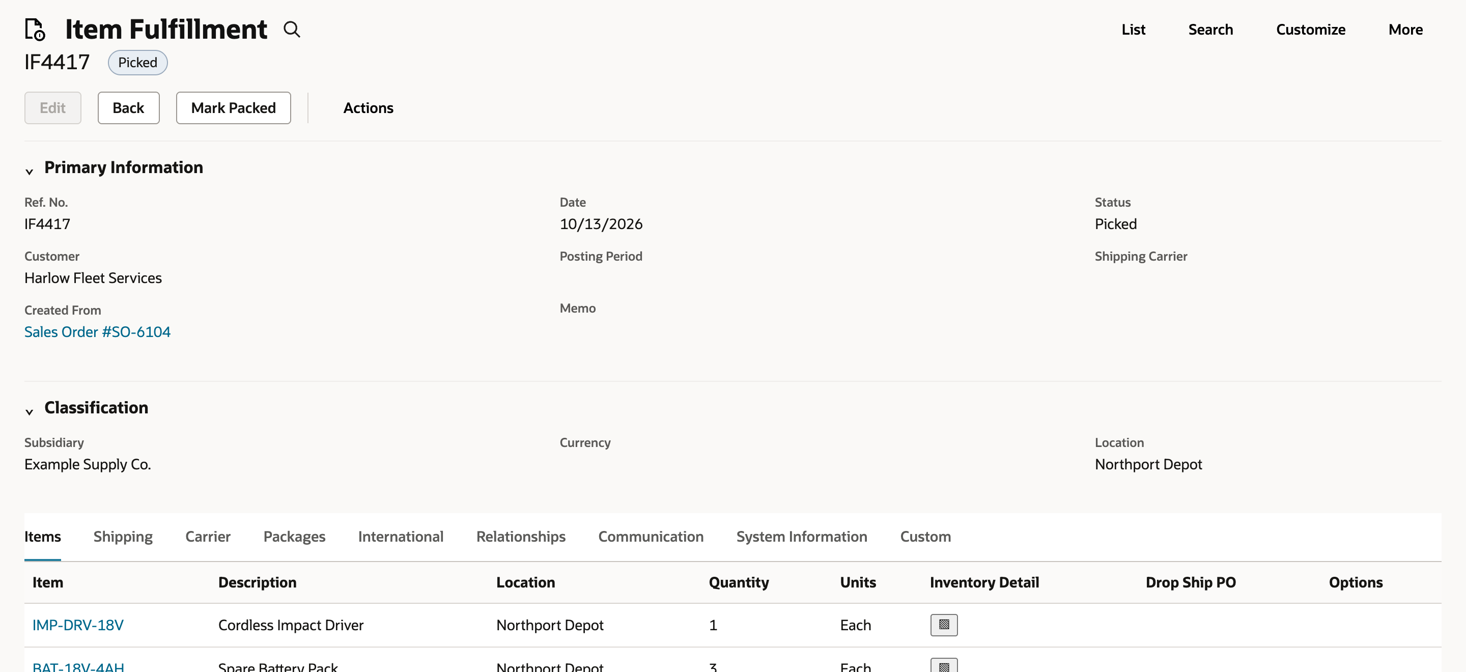 Item Fulfillment IF4417 at status Picked, created from SO-6104, with IMP-DRV-18V and BAT-18V-4AH on its Items tab and a Mark Packed button.