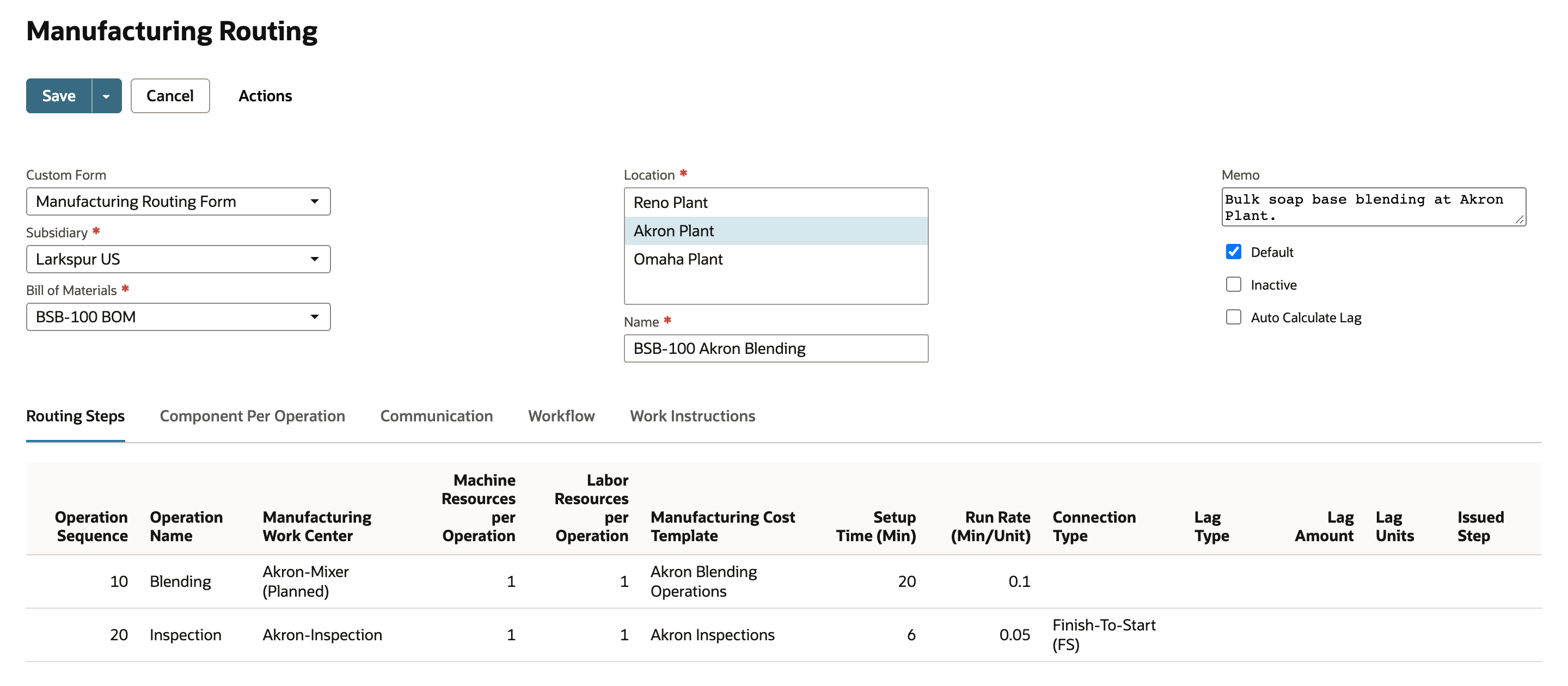 NetSuite manufacturing routing BSB-100 Akron Blending in edit mode with Akron Plant selected in the Location list, Default checked and two routing steps