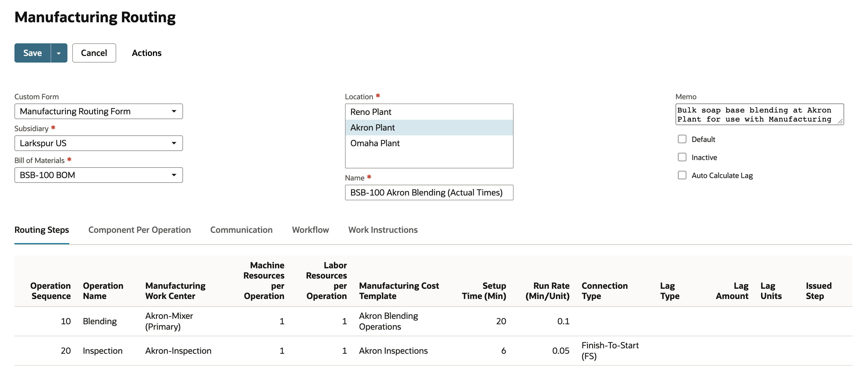 NetSuite manufacturing routing BSB-100 Akron Blending (Actual Times) in edit mode with Akron Plant selected and Default not checked