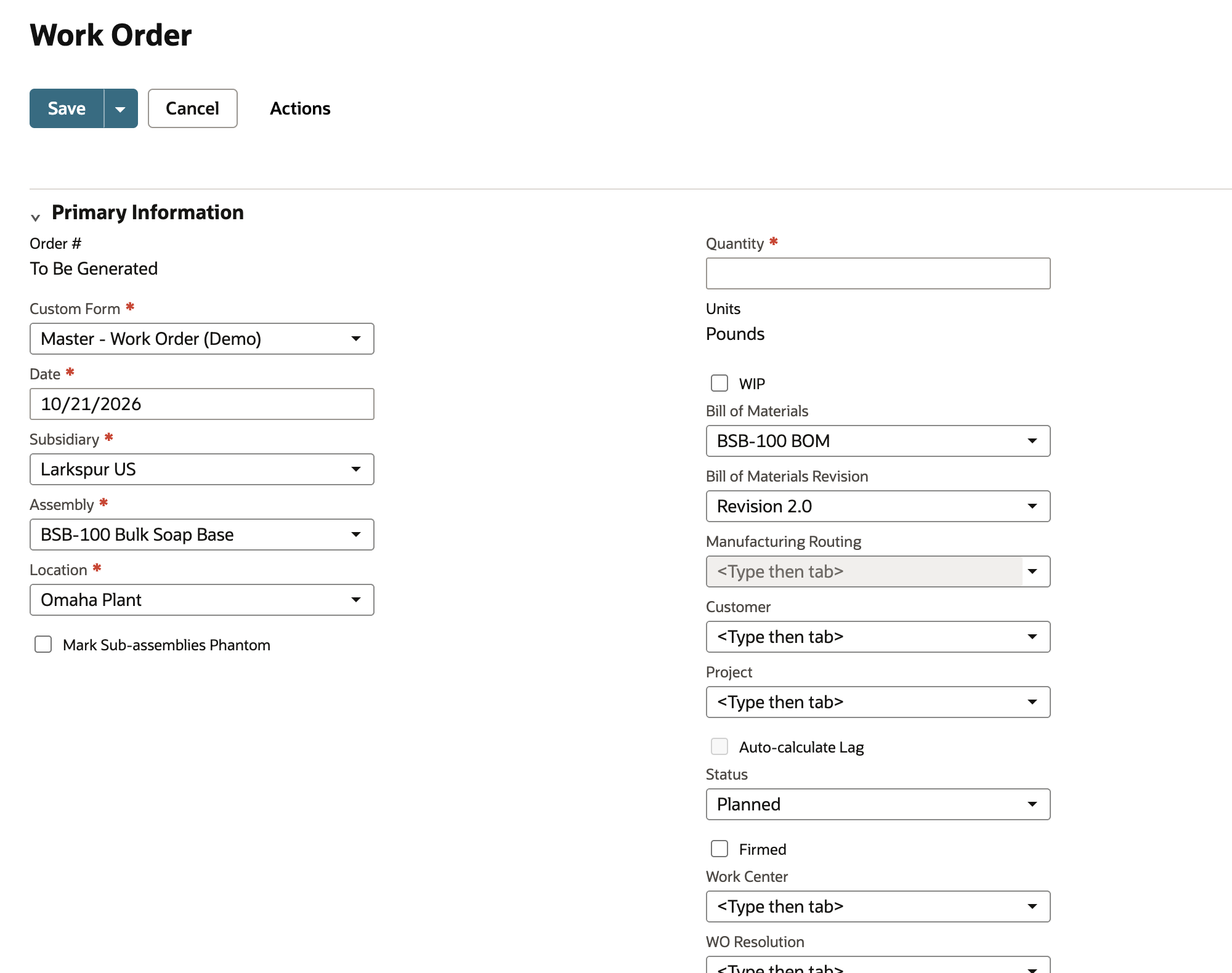 NetSuite new work order at Omaha Plant with WIP unchecked and the Manufacturing Routing field empty and unavailable