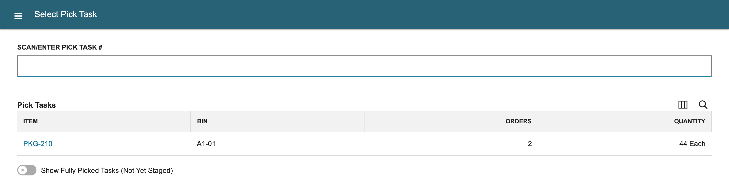 Select Pick Task shows one row: item PKG-210, bin A1-01, Orders 2, quantity 44 Each.