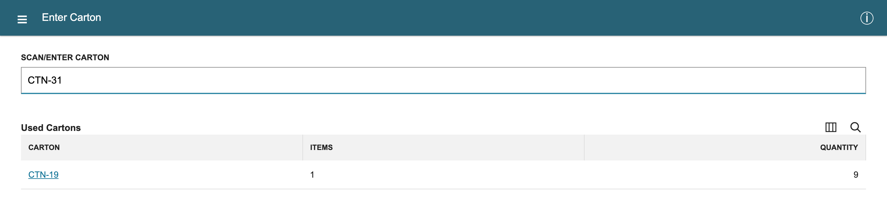 Enter Carton with CTN-31 typed in the Scan/Enter Carton field and the Used Cartons list below it.
