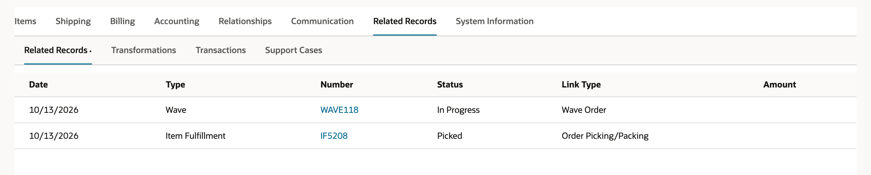 The Related Records tab of SO-70412 lists the wave WAVE118 as In Progress and Item Fulfillment IF5208 as Picked.