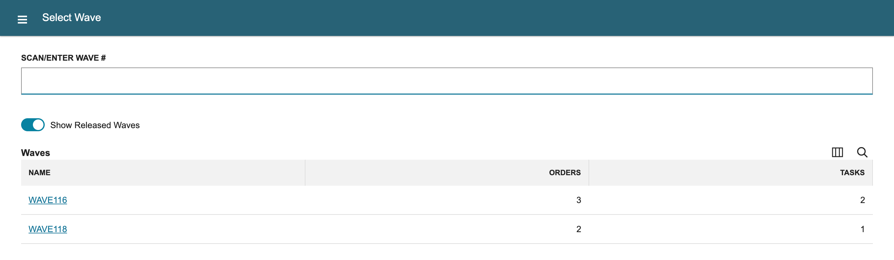 Select Wave lists WAVE116 with 3 orders and 2 tasks and WAVE118 with 2 orders and 1 task.