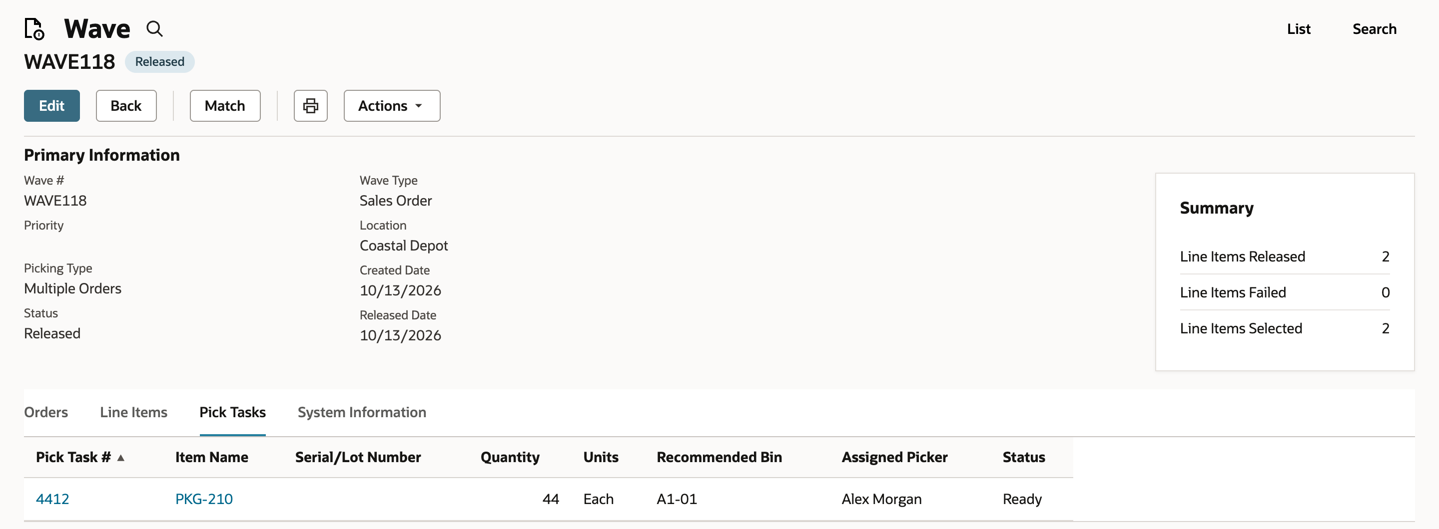 Wave WAVE118 is Released with Picking Type Multiple Orders; its Pick Tasks tab lists one task for PKG-210, 44 Each, bin A1-01, status Ready.