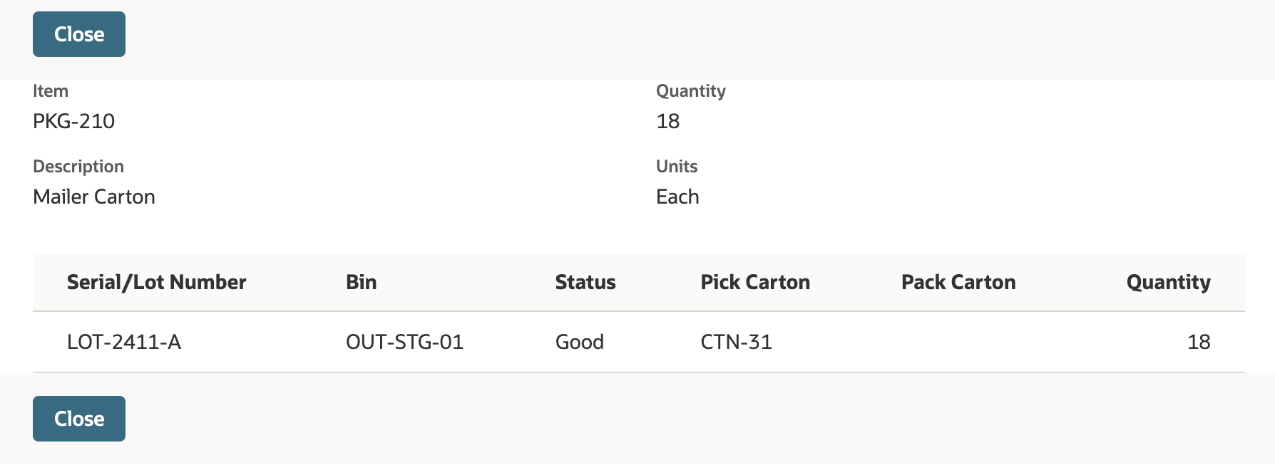 Inventory Detail for PKG-210 lists lot LOT-2411-A in bin OUT-STG-01 with status Good, pick carton CTN-31 and quantity 18.