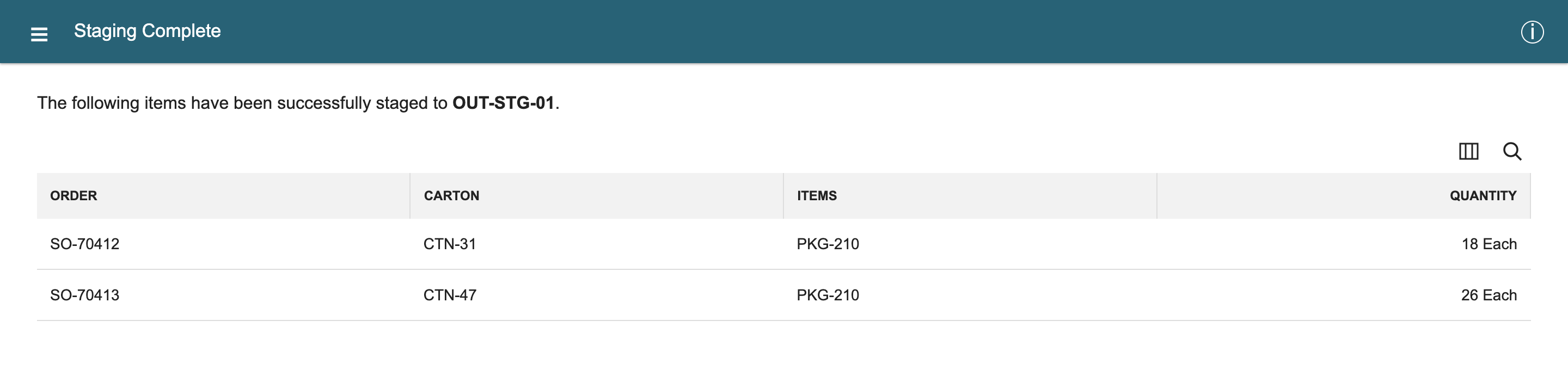 Staging Complete lists SO-70412 in carton CTN-31 with 18 Each and SO-70413 in carton CTN-47 with 26 Each, staged to OUT-STG-01.