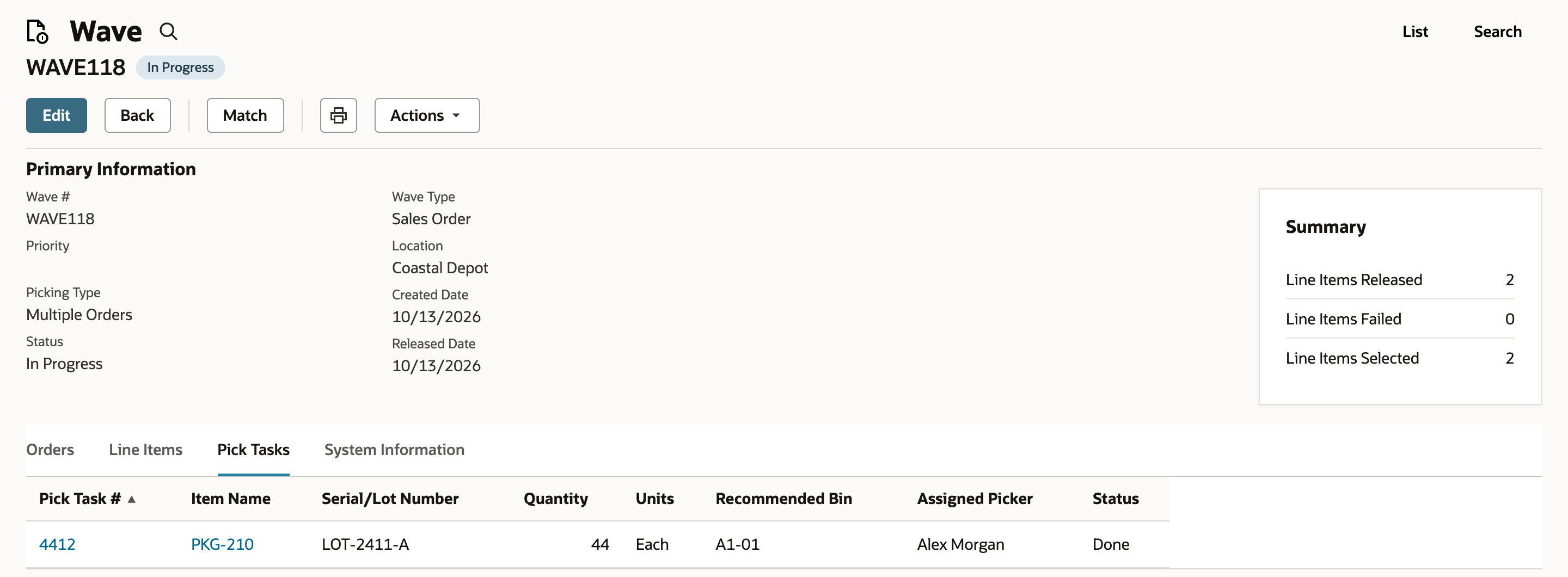 Wave WAVE118 is In Progress; its Pick Tasks tab shows task 4412 for PKG-210 with lot LOT-2411-A and status Done.