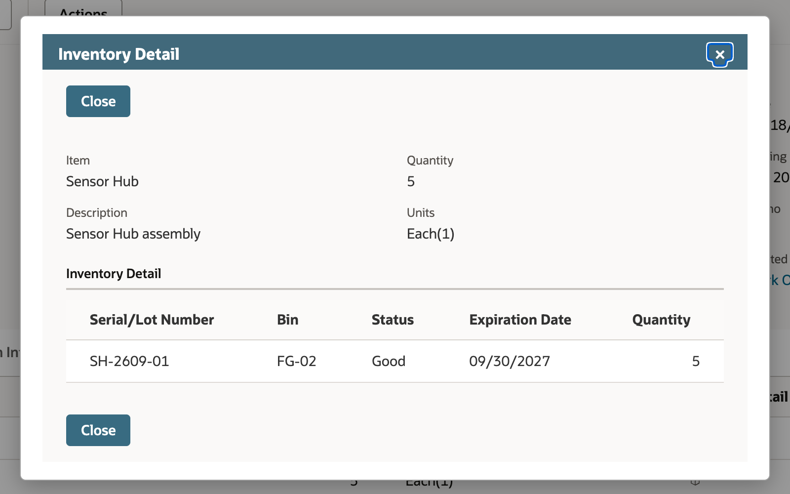 The Inventory Detail popup on Assembly Build AB-7319 lists lot SH-2609-01, bin FG-02, status Good, expiration date 09/30/2027, and quantity 5.