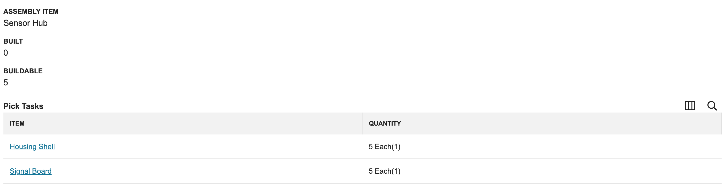 Select Pick Task shows Built 0, Buildable 5, and the Pick Tasks list with Housing Shell and Signal Board at 5 Each(1).