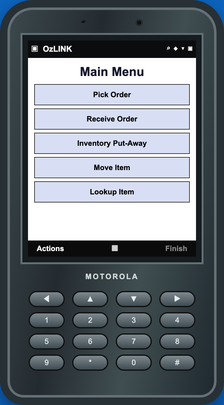 OzLINK handheld main menu with Pick Order above Receive Order and Inventory Put-Away