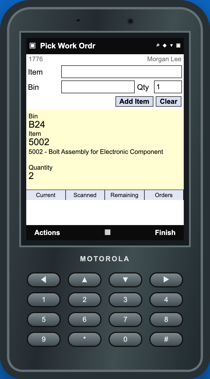 OzLINK handheld prompt for item 5002 in source bin B24, quantity two