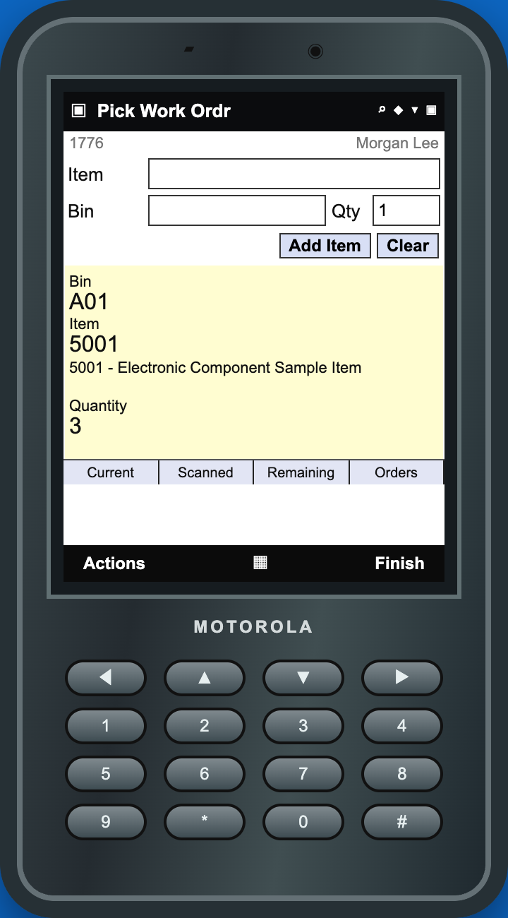 OzLINK Pick Work Order screen prompting item 5001 from A01 with quantity three
