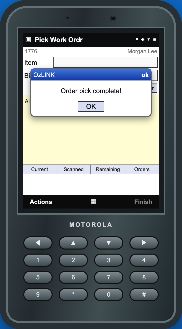 OzLINK alert saying Order pick complete after the final component is added