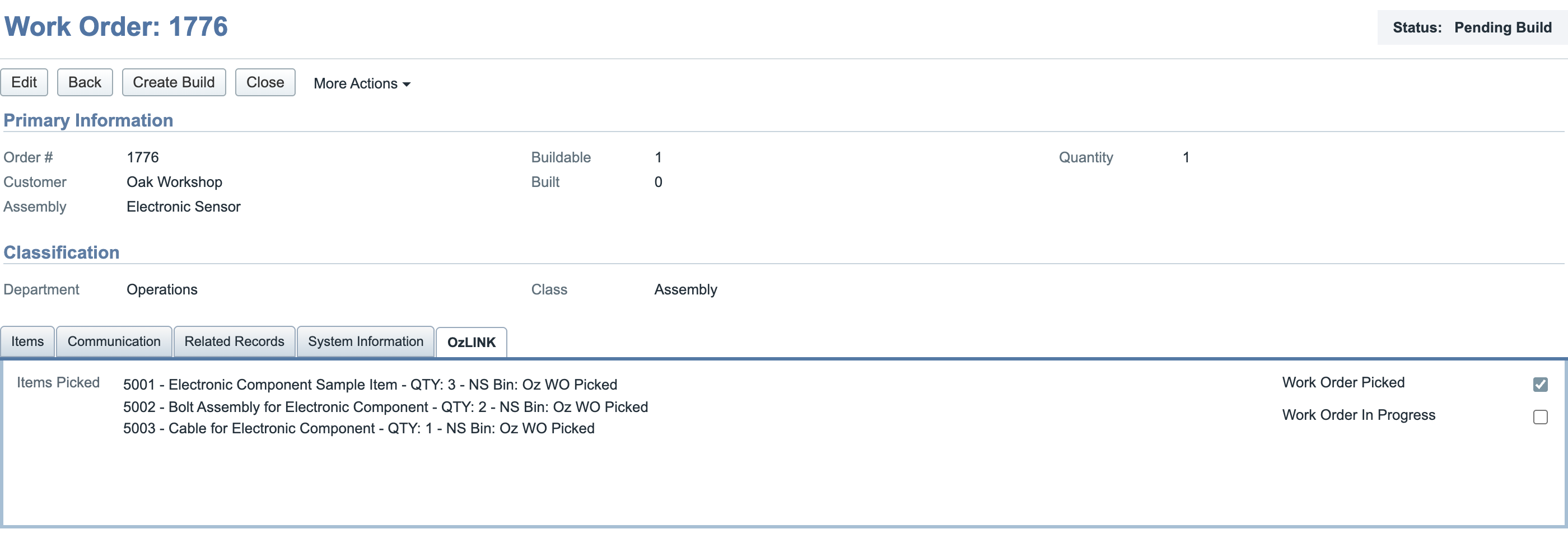 Work order 1776 showing Pending Build, Built zero, three OzLINK Items Picked lines and a checked Work Order Picked box