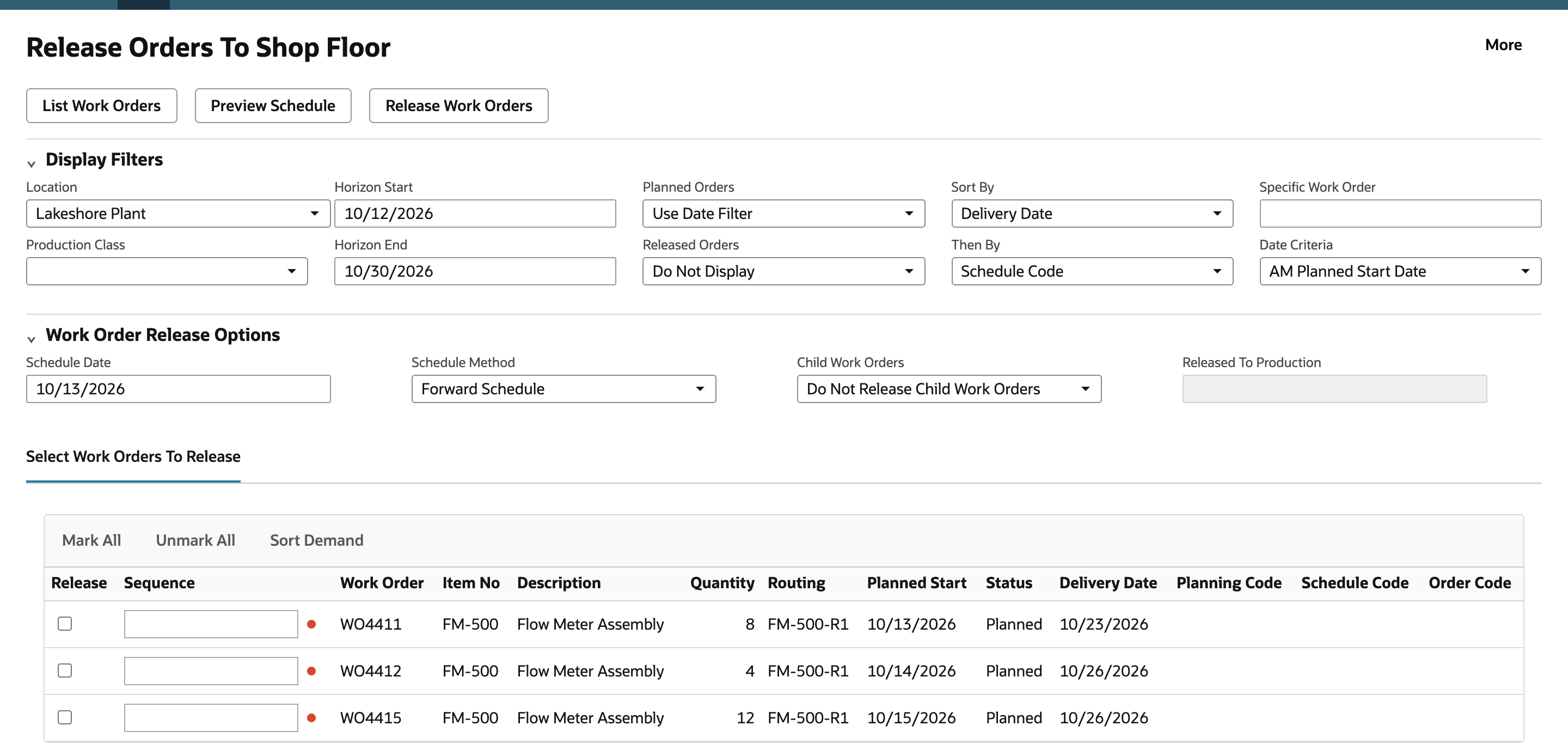 Select Work Orders To Release list with three Planned work orders: WO4411, FM-500 Flow Meter Assembly, quantity 8, delivery date 10/23/2026; WO4412, quantity 4, 10/26/2026; WO4415, quantity 12, 10/26/2026. Each row has a red indicator and an empty Sequence box.