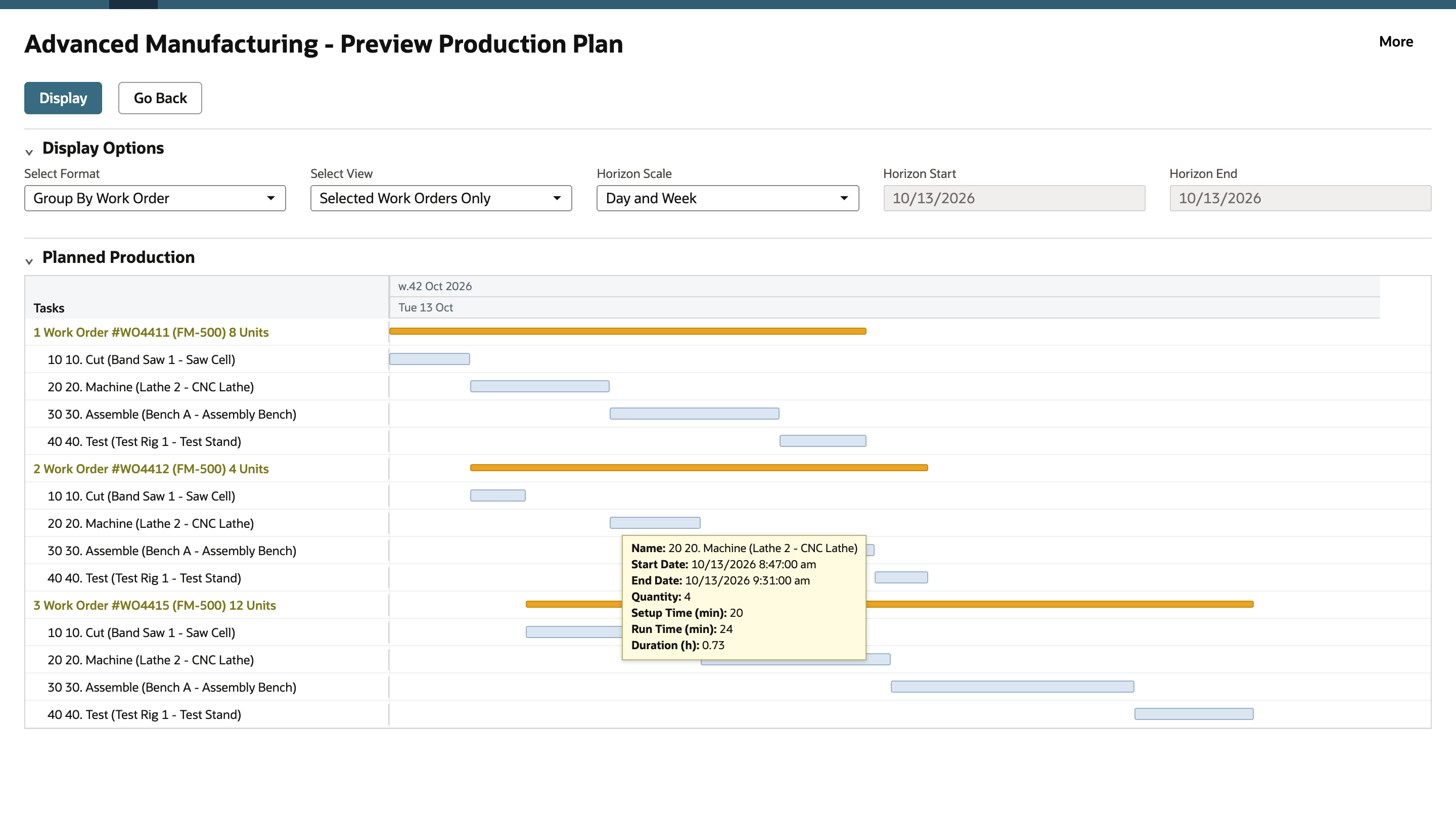 Preview Production Plan with three work orders grouped over their four operations each. A tooltip over the WO4412 Machine operation shows start 10/13/2026 8:47:00 am, end 9:31:00 am, setup 20 minutes, run time 24 minutes and duration 0.73 hours.