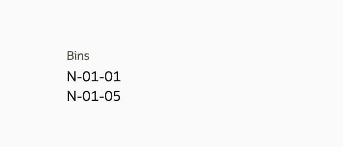 The saved plan’s Bins field lists N-01-01 and N-01-05.