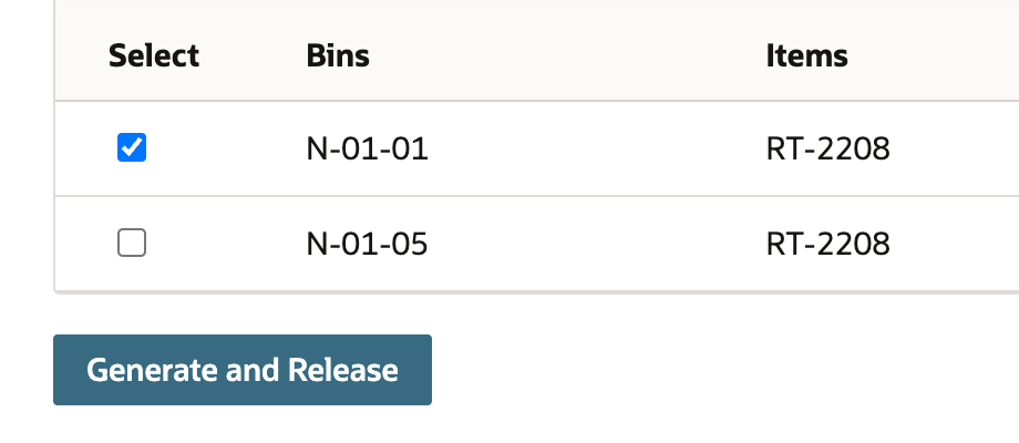 RT-2208 in N-01-01 is checked; RT-2208 in N-01-05 remains unchecked. Generate and Release is available below the rows.