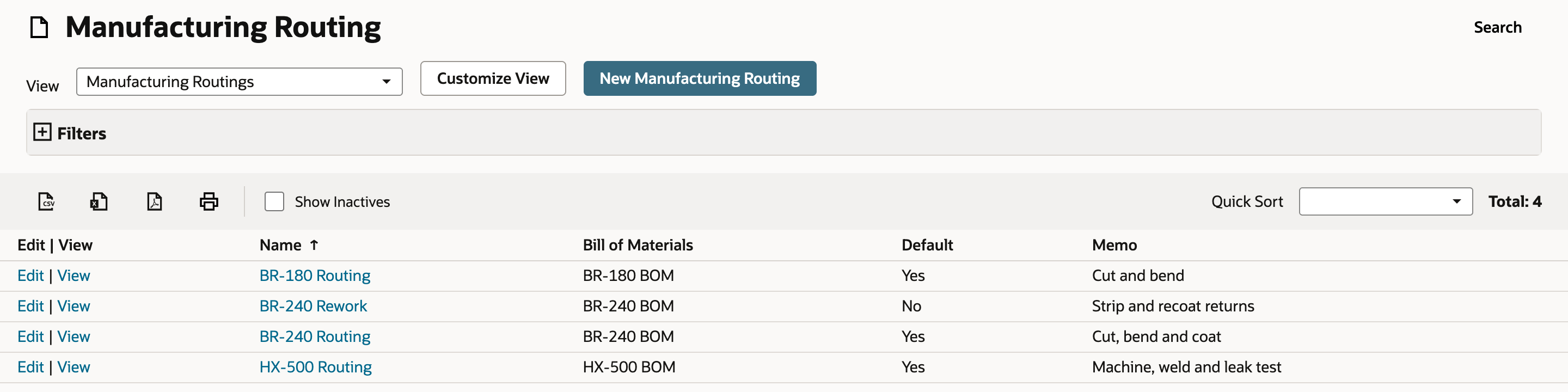 The Manufacturing Routing list with four routings: BR-180 Routing, BR-240 Rework, BR-240 Routing and HX-500 Routing, each with its Bill of Materials, Default and Memo. An arrow points to View on the BR-240 Routing row, whose BOM is BR-240 BOM, Default Yes, Memo Cut, bend and coat.